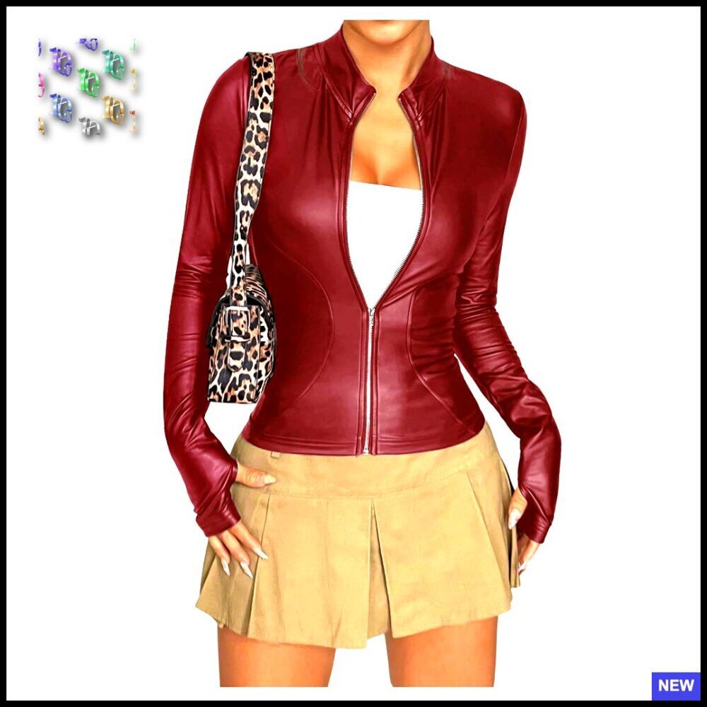 Faux Leather Jacket Slim Fit Zip Up Mock Neck Winter Coat Chic Outerwear